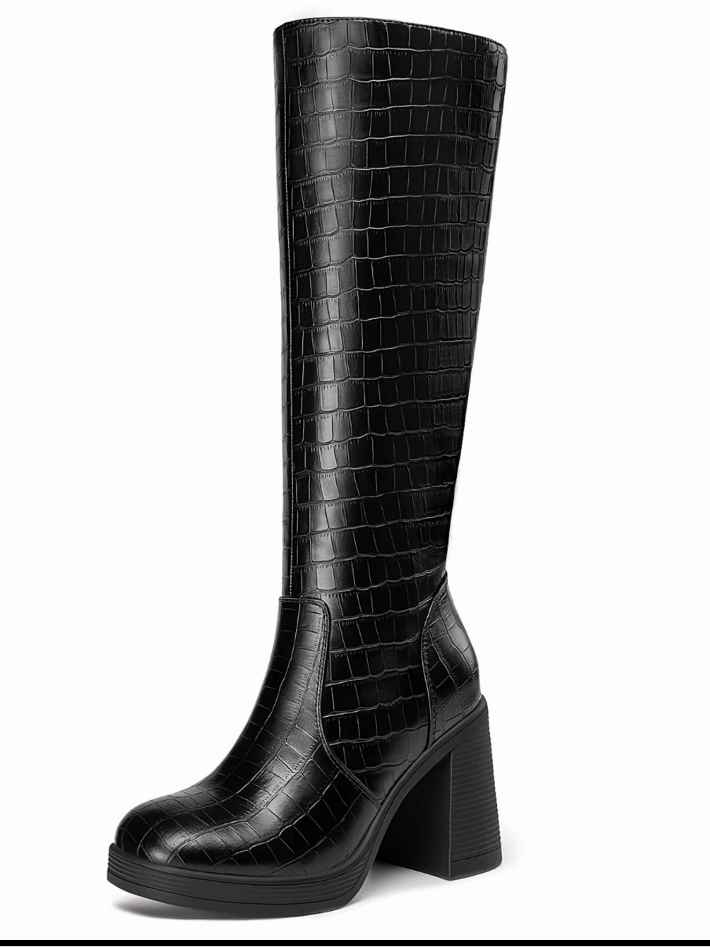 Croc-Embossed Black Over-the-Knee Block Heel Boot